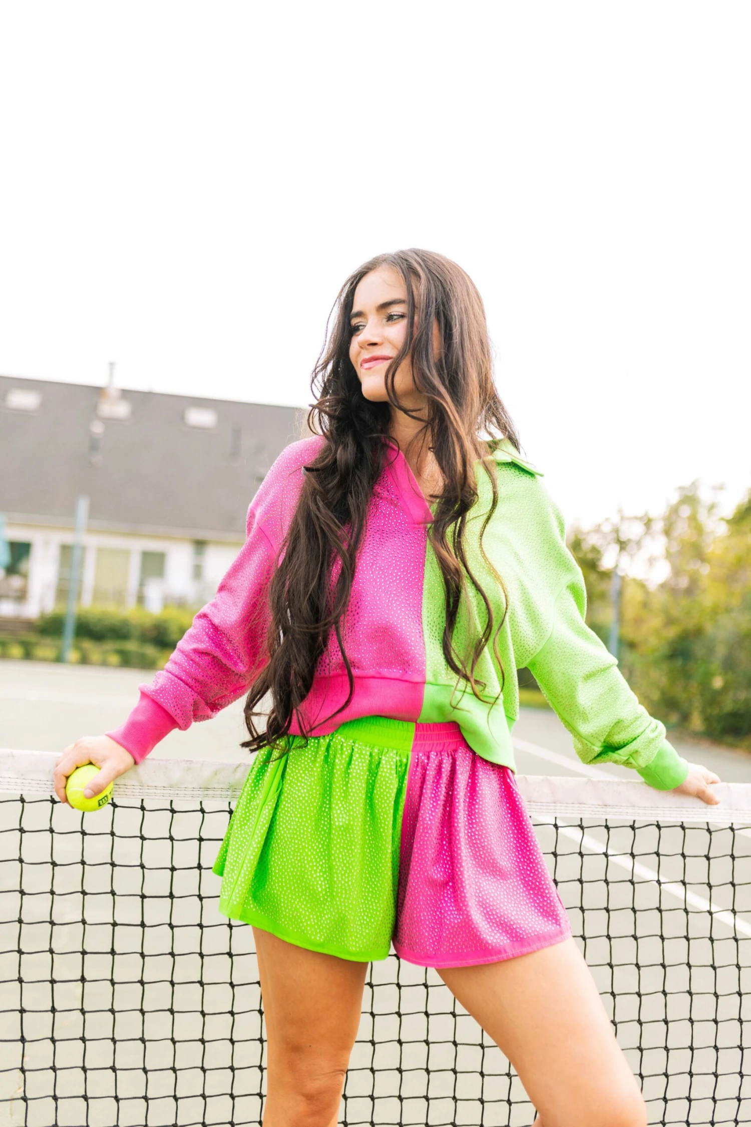 Queen Of Sparkles Hot Pink & Apple Green Rhinestone Polo Sweatshirt 2 Queen Of Sparkles Hot Pink & Apple Green Rhinestone Polo Sweatshirt - Image 2