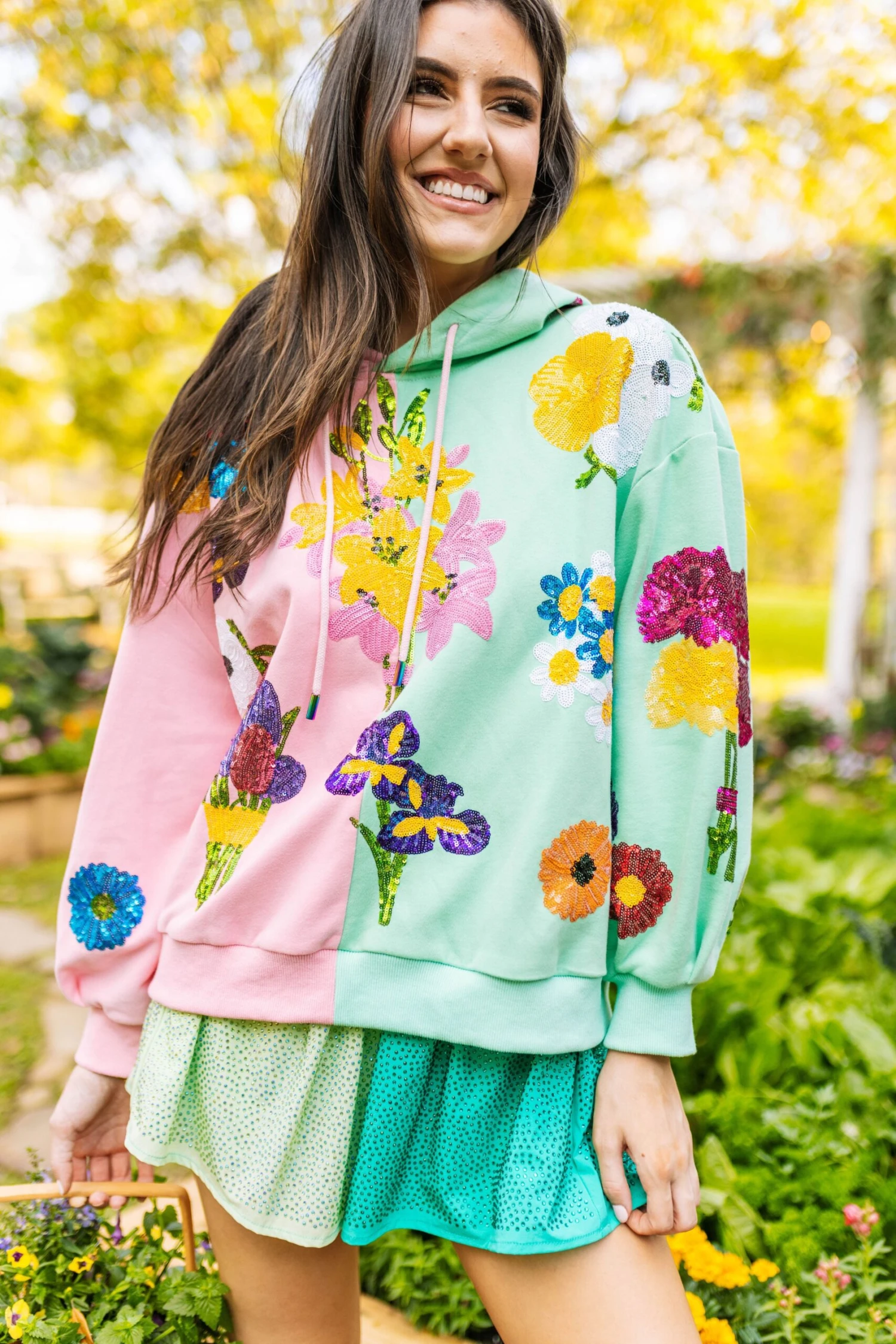 Queen Of Sparkles Pink & Green Bouquet Flowers Oversized Hoodie 3 Queen Of Sparkles Pink & Green Bouquet Flowers Oversized Hoodie - Image 3