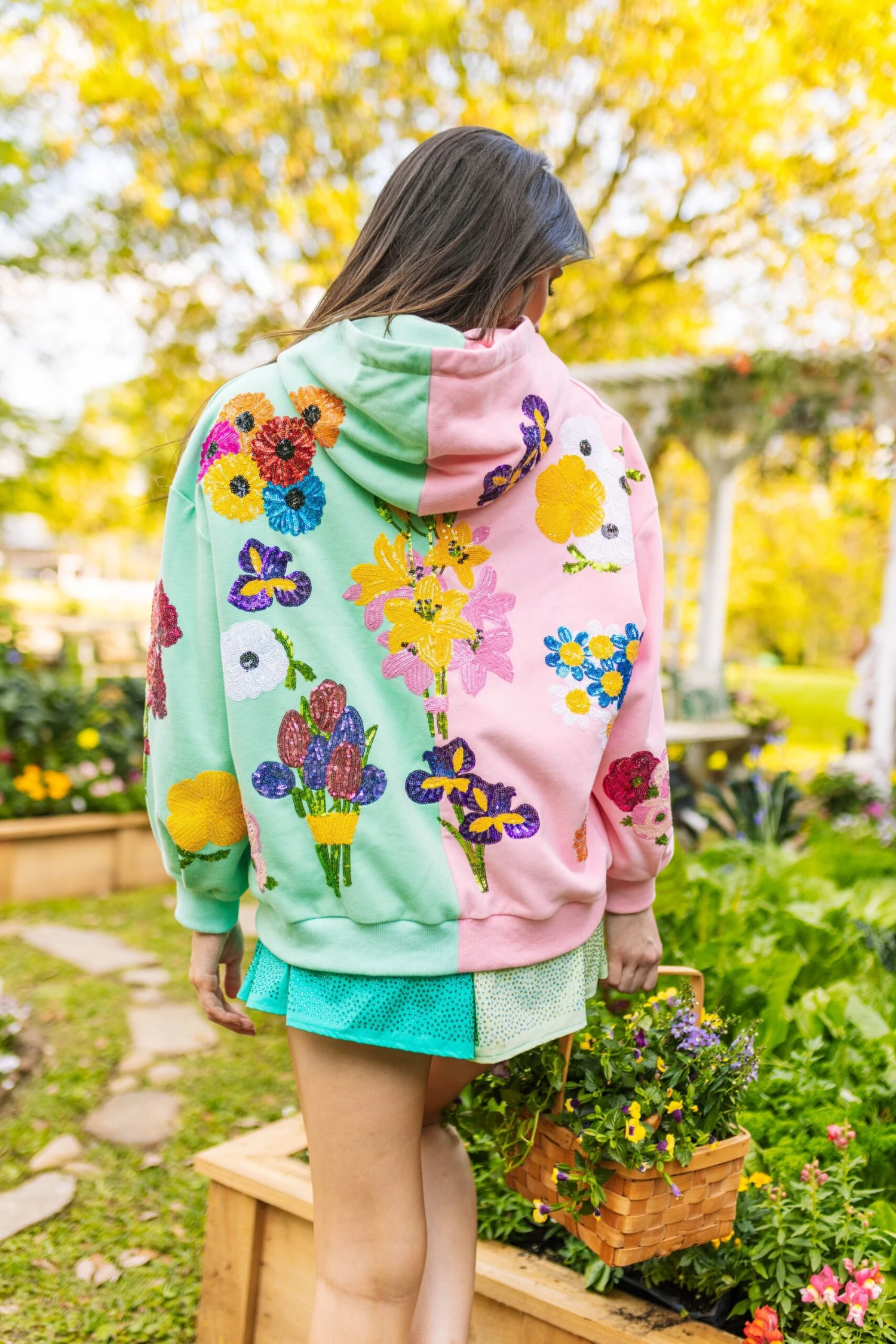 Queen Of Sparkles Pink & Green Bouquet Flowers Oversized Hoodie 2 Queen Of Sparkles Pink & Green Bouquet Flowers Oversized Hoodie - Image 2